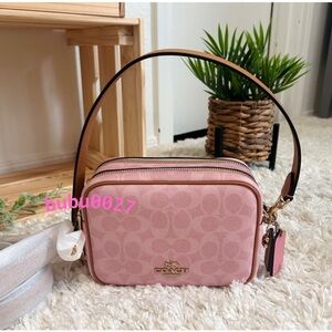 NWT🌸Coach Mini Carey Crossbody Bag In Signature Canvas With Charms Powder Pink